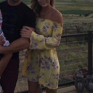 Yellow smocked off the shoulder bell sleeve dress